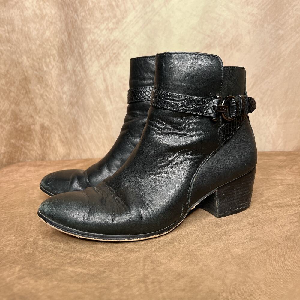 Coach Paulina Black Leather Ankle Boots Embossed Snake Belt Booties Indie Sleaze